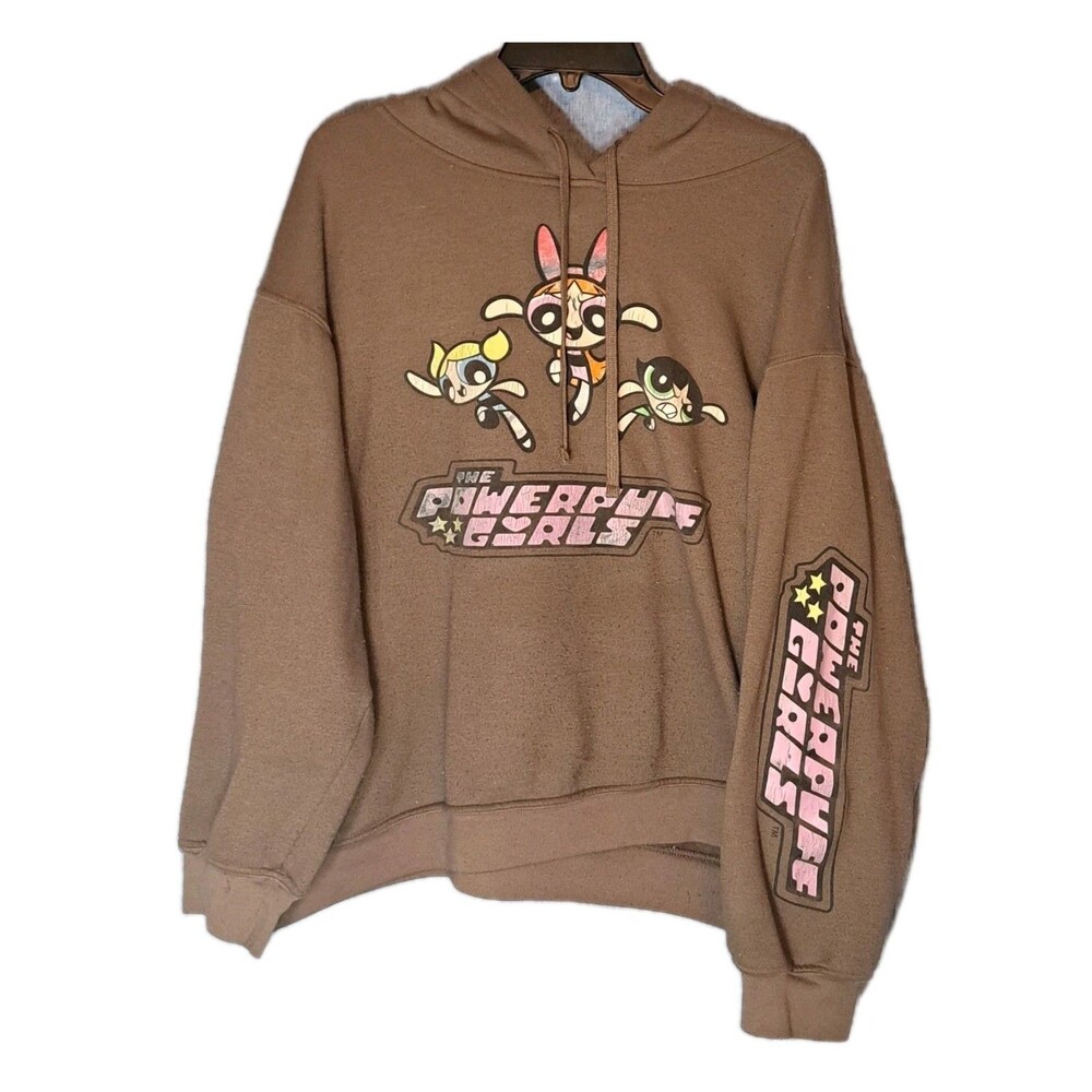 Powerpuff Girls Womens XL Brown Hoodie Cartoon Network Y2K Graphic Distressed